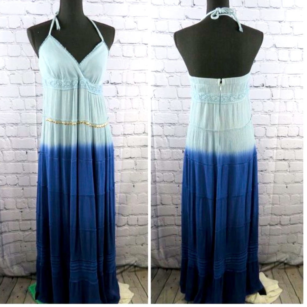 Vintage Boho Gypsy Long Maxi Tiered Lace Flowy Sequin  Waist Dress